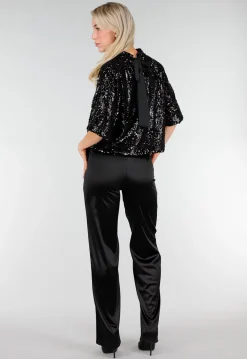 Zwarte Pailletten Top met Korte Mouwen