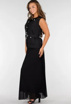 Zwarte 2-Piece Met Mouwloos Gilet en Plissé Maxi Rok