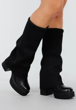 Zwarte Plateau Laarzen met Ribgebreide Schacht en Blokhak