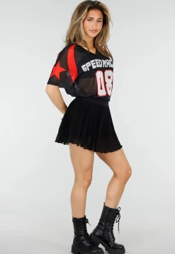 Zwarte Plissé Skort met Hoge Taille en Mesh