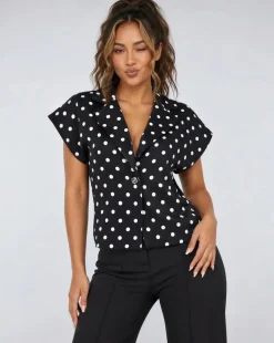Zwarte Polkadot Blazer Top met Schoudervulling