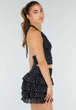 Zwarte Polkadot Halter Top met Ruffle Skort Set