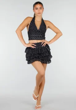 Zwarte Polkadot Halter Top met Ruffle Skort Set