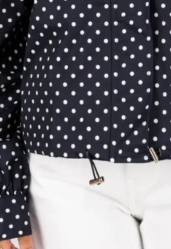 Zwarte Polkadot Jas met Hoge Kraag, Ritssluiting en Trekkoord