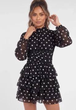 Zwarte Polkadot Mini Jurk met Lange Mouwen en Hoge Hals