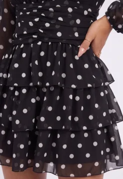 Zwarte Polkadot Mini Jurk met Lange Mouwen en Hoge Hals
