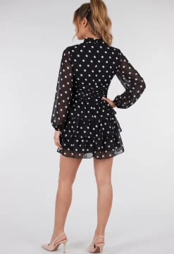 Zwarte Polkadot Mini Jurk met Lange Mouwen en Hoge Hals