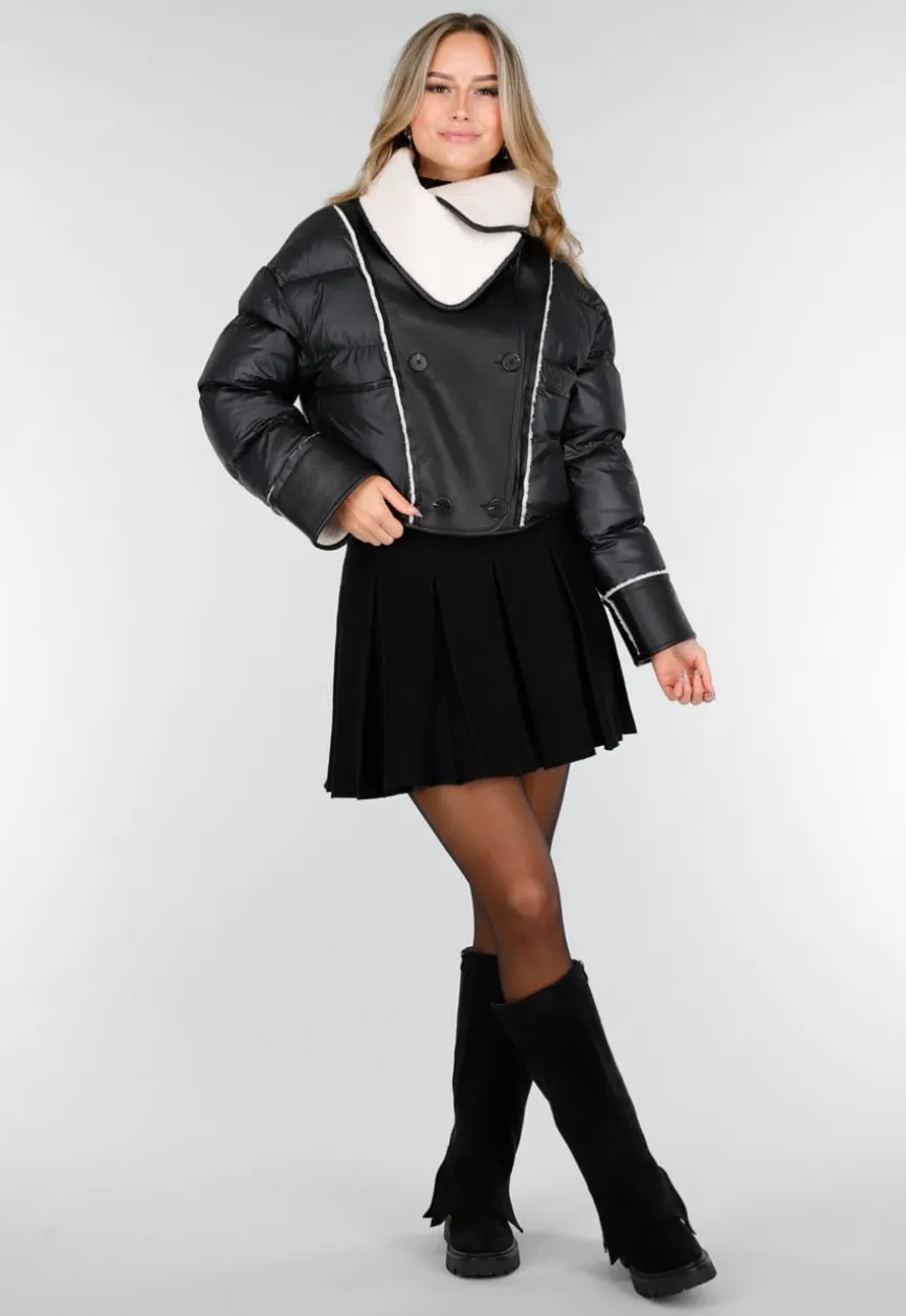 Zwarte Pufferjas met Witte Sherpa Fleece Kraag