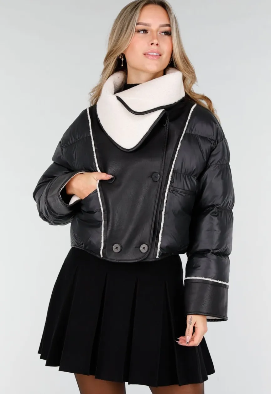 Zwarte Pufferjas met Witte Sherpa Fleece Kraag
