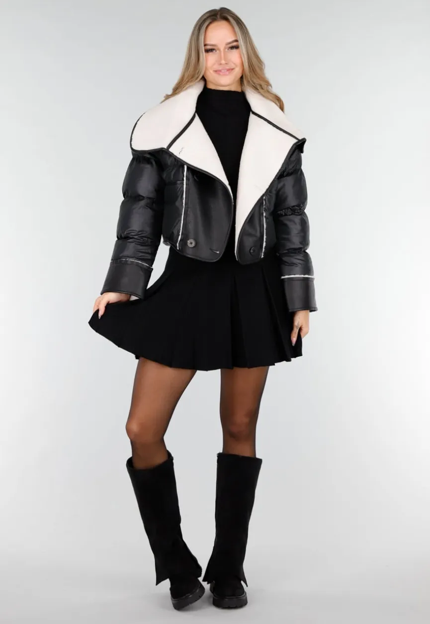 Zwarte Pufferjas met Witte Sherpa Fleece Kraag