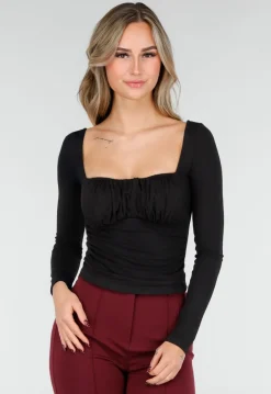 Zwarte Push-Up Longsleeve Top met Gerimpelde Bustier