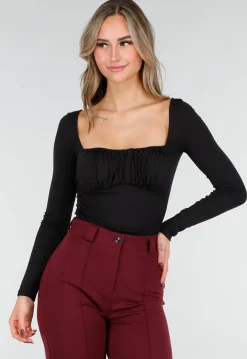 Zwarte Push-Up Longsleeve Top met Gerimpelde Bustier