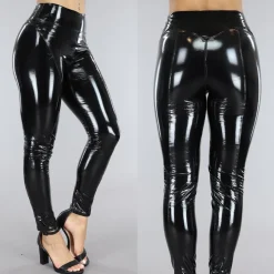 Zwarte PVC Legging met Stiksels