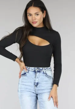 Zwarte Rib Bodysuit met Uitsnede