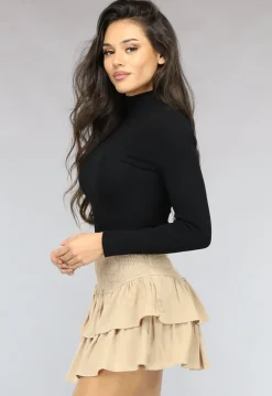 Zwarte Ribgebreide Turtleneck Bodysuit met Lange Mouwen