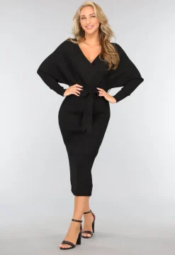 Zwarte Rib Midi Jurk met Tailleband