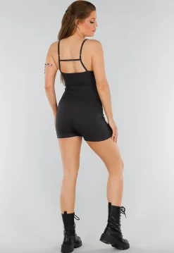Zwarte Rib Playsuit met Stretch en Rechte Halslijn