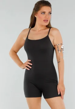 Zwarte Rib Playsuit met Stretch en Rechte Halslijn