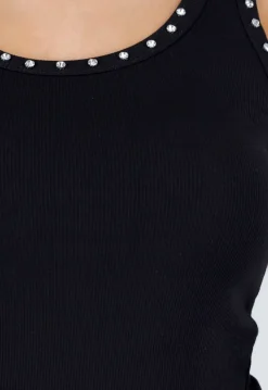 Zwarte Rib Tank Top met Glitters en Aansluitende Pasvorm