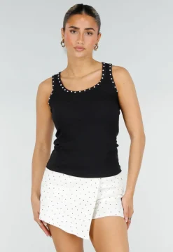 Zwarte Rib Tank Top met Glitters en Aansluitende Pasvorm