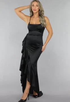 Zwarte Ruffle Avondjurk in Zwart Satin