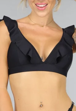 Zwarte Ruffle Bikini Top met Strikdetail