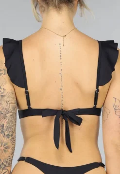 Zwarte Ruffle Bikini Top met Strikdetail