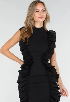 Zwarte Ruffle Jurk Zonder Mouwen met Stretch