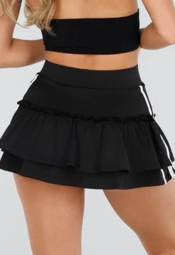 Zwarte Ruffle Rok met Contrasterende Bies en Hoge Taille
