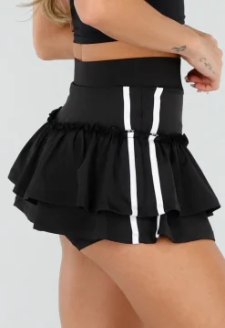 Zwarte Ruffle Rok met Contrasterende Bies en Hoge Taille