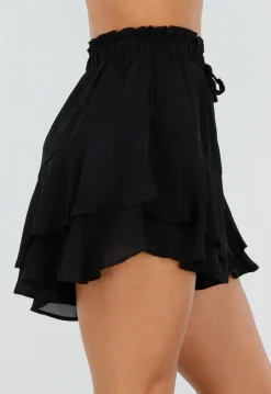 Zwarte Ruffle Skort met Elastische Taille en Strikkoord