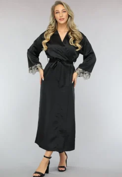 Zwarte Satijnen Kimono met Wijde Mouwen en Borduur Details