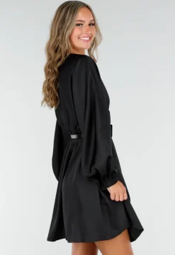 Zwarte Satijnen Longsleeve Skater Jurk