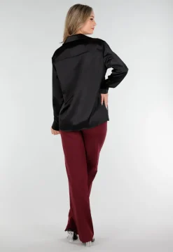 Zwarte Satijnlook Blouse met Lange Mouwen en Knoopsluiting