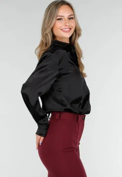 Zwarte Satijnlook Blouse met Lange Mouwen en Knoopsluiting