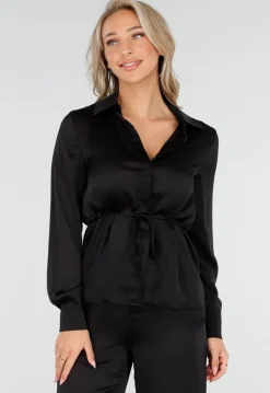 Zwarte Satijnlook Set Met Blouse en Wide Leg Broek