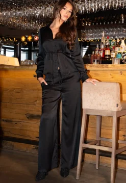 Zwarte Satijnlook Set Met Blouse en Wide Leg Broek