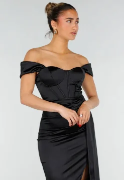 Zwarte Satin Off Shoulder Galajurk met Split