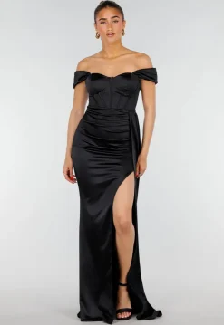 Zwarte Satin Off Shoulder Galajurk met Split