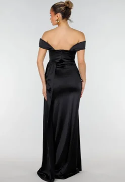 Zwarte Satin Off Shoulder Galajurk met Split