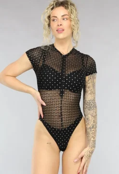 Zwarte See Through Bodysuit met Glitters