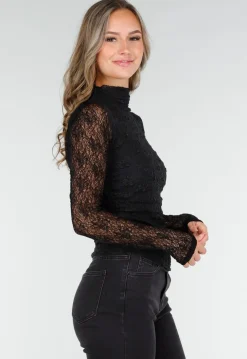 Zwarte See Through Kanten Top met Gedrappeerd Effect