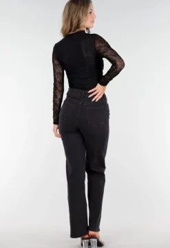 Zwarte See Through Kanten Top met Gedrappeerd Effect