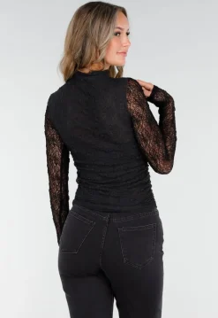 Zwarte See Through Kanten Top met Gedrappeerd Effect