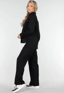 Zwarte Set met Blouse met Gouden Knopen en Straight Leg Pantalon