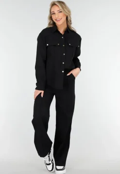 Zwarte Set met Blouse met Gouden Knopen en Straight Leg Pantalon