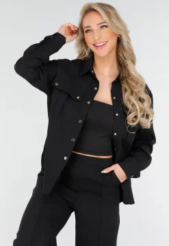 Zwarte Set met Blouse met Gouden Knopen en Straight Leg Pantalon