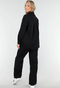 Zwarte Set met Blouse met Gouden Knopen en Straight Leg Pantalon