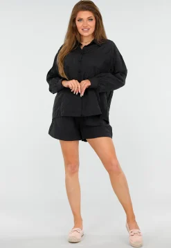 Zwarte Set van Short en Blouse met Streepjes en Elastische Tailleband