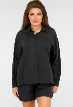 Zwarte Set van Short en Blouse met Streepjes en Elastische Tailleband